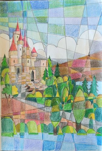 Chris B, Castle, coloured pencil.